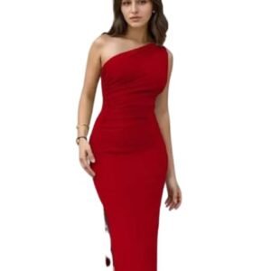 Red One Shoulder Bodycon Dress, Side Slit, Formal Evening Gown, Elegant Fitted Maxi