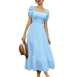 Blue Girl's & Women's Solid A-Line Ruched Puff Sleeve Maxi Long Evening One Piece Long Dress for Women Stylish