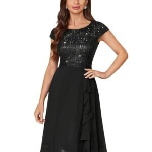Sequin Cocktail Dress, Black, Cap Sleeve, A-Line Evening Party Dress with Chiffon Skirt