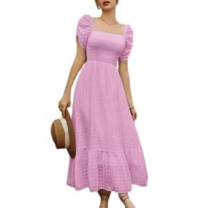 Pink Girl's & Women's Solid A-Line Ruched Puff Sleeve Maxi Long Evening One Piece Long Dress for Women Stylish