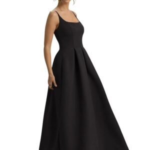 Black Elegant Sleeveless Maxi Dress with Square Neck & Flared Hem | Long Evening Gown for Women