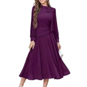 Women Elegant Midi Dress | Long Sleeve Fit & Flare Dress Western Dress for Women | Office, Evening, Casual( Purple)