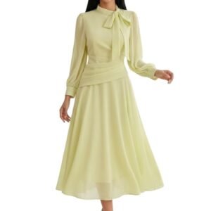 Women Elegant Midi Dress | Long Sleeve Fit & Flare Dress Western Dress for Women | Office, Evening, Casual(Yellow)