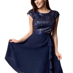 Sequin Cocktail Dress, Navy Blue, Cap Sleeve, A-Line Evening Party Dress with Chiffon Skirt