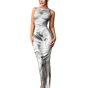 Women's Print Bodycon Maxi Dress – Sleeveless Slim Fit Long Dress with Side Slit – Elegant Gray| Tone Dress