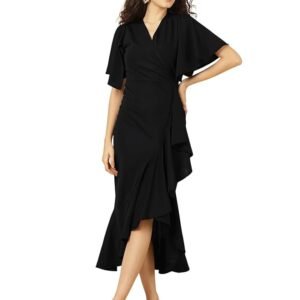 Black Flutter Sleeve Bodycon Midi Dress for Women, V-Neck Ruffle Hem Outfit