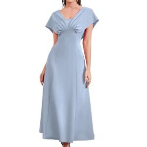 Sky Blue Women's A-Line Maxi Dress with V-Neck Pleated Bodice, Cap Batwing Sleeves, Polyester Elastane Evening Gown