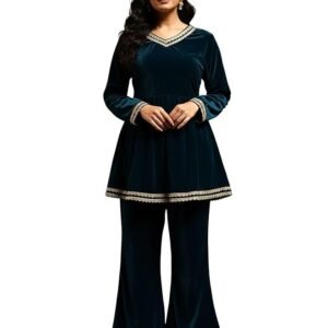 Blue Velvet Kurti Set for Woman | Short Kurti for Women Latest | Co ord Set for Women Stylish Party Suit | Ethnic Office Everyday Wear & Casual Look