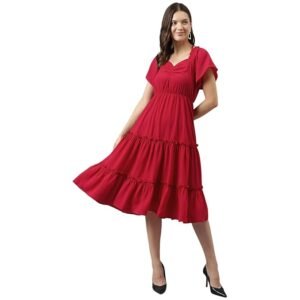 Women's Red Rayon Solid Tiered Western Dress | Dress for Women | Gown Dress | Western Dress | Exclusive Women Dress