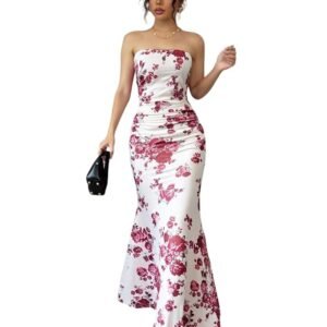 Women's Strapless Floral Maxi Dress | Elegant Slim Fit Bodycon Gown | Summer Party, Wedding Guest, Beach Vacation, Cocktail & Formal Event Dress
