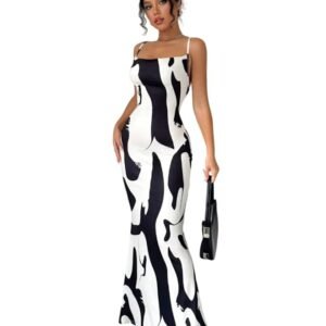 Women's Elenzga Abstract Print Draped Neck Cami Maxi Dress – Elegant Sleeveless Bodycon Evening Gown for Formal Events and Parties