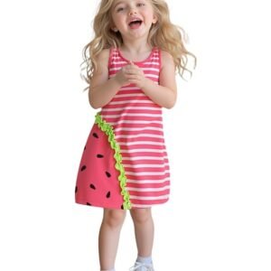Kids Girls Striped Watermelon Theme Frock Dress Soft Multicolor Lycra for Ages 2 to 7 Years Comfortable Sleeveless Summer Wear Lightweight Casual Playtime Outfit Daily Fun Activities Use