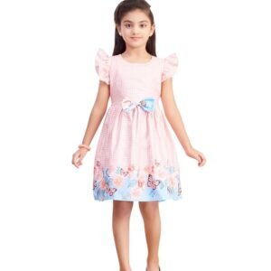 Girls Casual Wear Green Color Checks Print Cotton Frock(Peach)