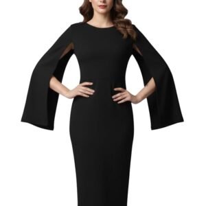 Women’s Solid Bodycon Midi Dress | Cape Sleeve Round Neck Western Party Dress
