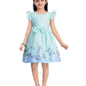 Girls Casual Wear Green Color Checks Print Cotton Frock(Green)