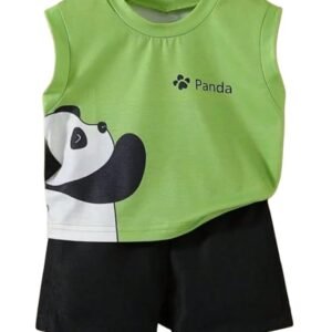 Green Kids Clothes for Boys | Sleeveless Printed Cotton T-shirt and Shorts Clothing Set | Summer Wear Dress for Kids