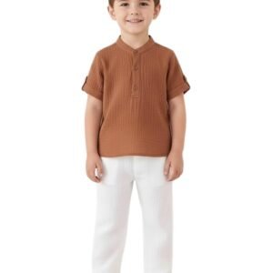 Boys Cotton T-Shirt and Pant Set | Chinese Collar Neck | 3/4 Sleeve Stylish Casual Wear for Kids ( Brown)