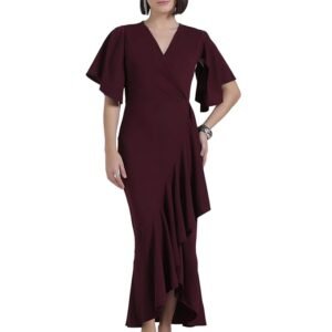 Wine Flutter Sleeve Bodycon Midi Dress for Women, V-Neck Ruffle Hem Outfit