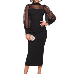 Women's Polyester Bodycon Maxi Dress with Net Full Sleeves Round Neck Self Design Pattern and Bodycon Style( Black)