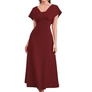 Maroon Women's A-Line Maxi Dress with V-Neck Pleated Bodice, Cap Batwing Sleeves, Polyester Elastane Evening Gown