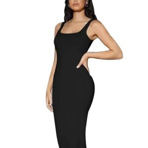 Sleeveless Bodycon Party Dress for Women |Square Neck High Waist Rib Knit Tank Long Dress Stylish Outfit