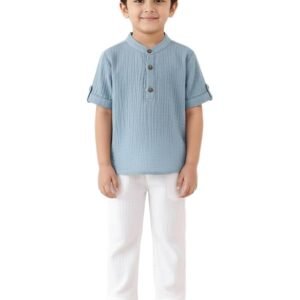 Boys Cotton T-Shirt and Pant Set | Chinese Collar Neck | 3/4 Sleeve Stylish Casual Wear for Kids (Blue)