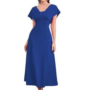 Royal Blue Women's A-Line Maxi Dress with V-Neck Pleated Bodice, Cap Batwing Sleeves, Polyester Elastane Evening Gown