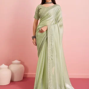 Green Organza Embroidered Sequins Border Saree For Women Party Wear