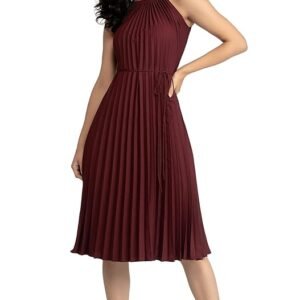 Maroon Women's Elegant Belted Pleated Sleeveless Short Dress