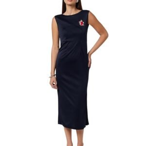 Women’s Navy Cotton Blend Knitted Bodycon Dress | Sleeveless Boat Neck Slim Fit Calf Length Style with Embroidered Patch