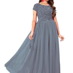Elegant Women's Gown with Sequins Work | Velvet Bodice & Net Flare | Short Sleeve, Boat Neck (Grey)