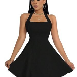 Solid Halter Neck Sleeveless Fit & Flared Mini Dress for Women