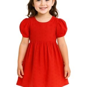 Fit and Flare Knee Length Dress | Cotton Puff Sleeve Girls Outfit | Red Casual Wear(Red)