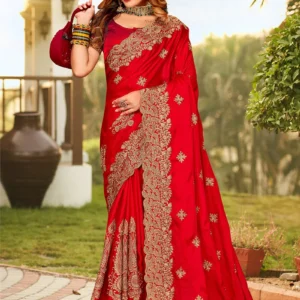 Red Satin Blend Embroidered Saree Party Wear