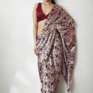 Off White Chinon Digital Print Pre Draped Saree After Six Wear