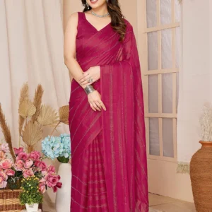 Wine Georgette Stone Embossed Pre Draped Elegant Saree With Blouse Party Wear