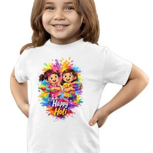 Girls Holi T-Shirt | Heavy Polyester Tee with Color Splash Print | Festival Wear for Kids