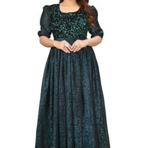 Green Elegant Women's Long Gown | Anarkali Style | Flared Floor-Length Dress | Floral Emboss Print | Sequence Embroidery