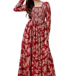 Crepe Women's Mix Floral Printed Grown with Regular Sleeves Full Length and Square Neck