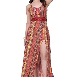 Women Printed Slit Maxi Dress Sleeveless Spaghetti Strap Ethnic Fusion Long Dress for Evening Vacation Festive Occasion