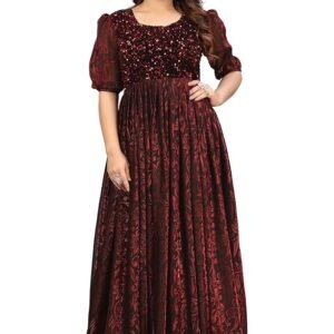 Maroon Elegant Women's Long Gown | Anarkali Style | Flared Floor-Length Dress | Floral Emboss Print | Sequence Embroidery
