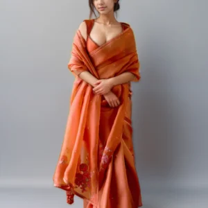 Orange Organza Silk Zari Sequins Hand Embroidered Saree Festive Wear