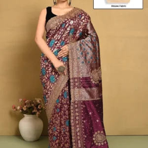 Wine Kancheepuram Silk Hand Embroidered Saree Wedding Wear